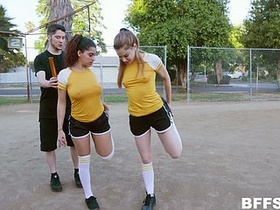 Sexy girls and a tall busty woman engage in steamy action in sports video
