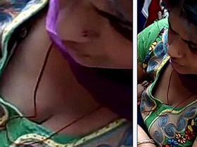 Busty aunty shows off her massive cleavage in a tantalizing top view